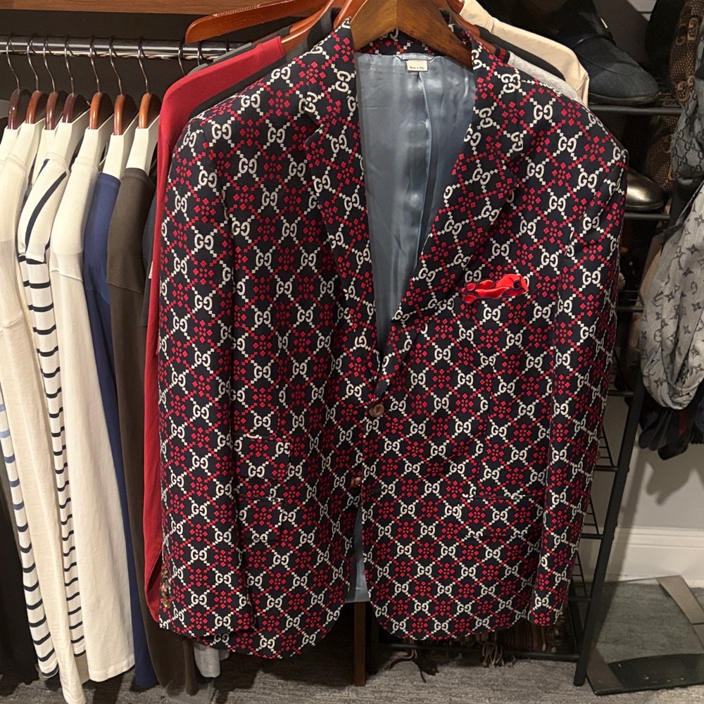 Gucci Men's Red and Navy Patterned Blazer